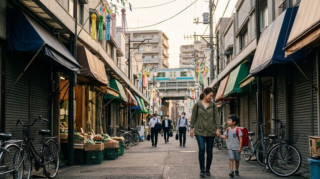 朝の中野区の商店街沿いの通学路を、ランドセルを背負った子どもと親が並んで歩く様子