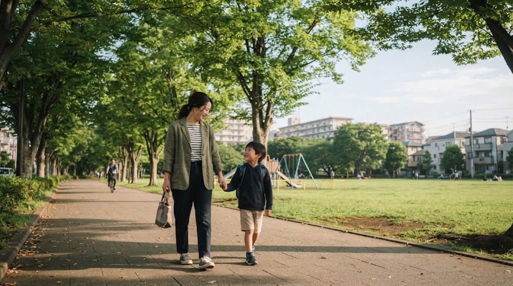 朝の練馬区・光が丘の緑豊かな公園沿いの道を、通学かばんを持った子どもと親が並んで歩く様子