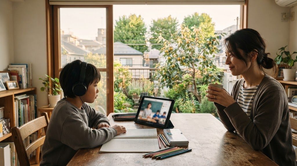 練馬区の緑の多い住宅街の自宅で、子どもがタブレットでオンライン授業を受けるそばで親が穏やかに見守る様子
