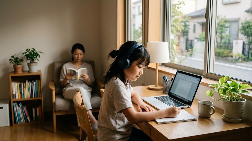 自宅の机でヘッドホンをつけ、自分のペースで落ち着いて学習に取り組む子どもと、少し離れて見守る保護者