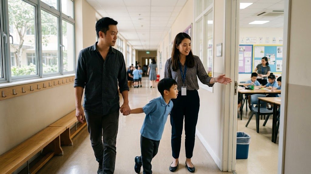 学校見学で、明るい校舎の廊下を子どもと一緒に歩きながら教職員の説明を聞く保護者