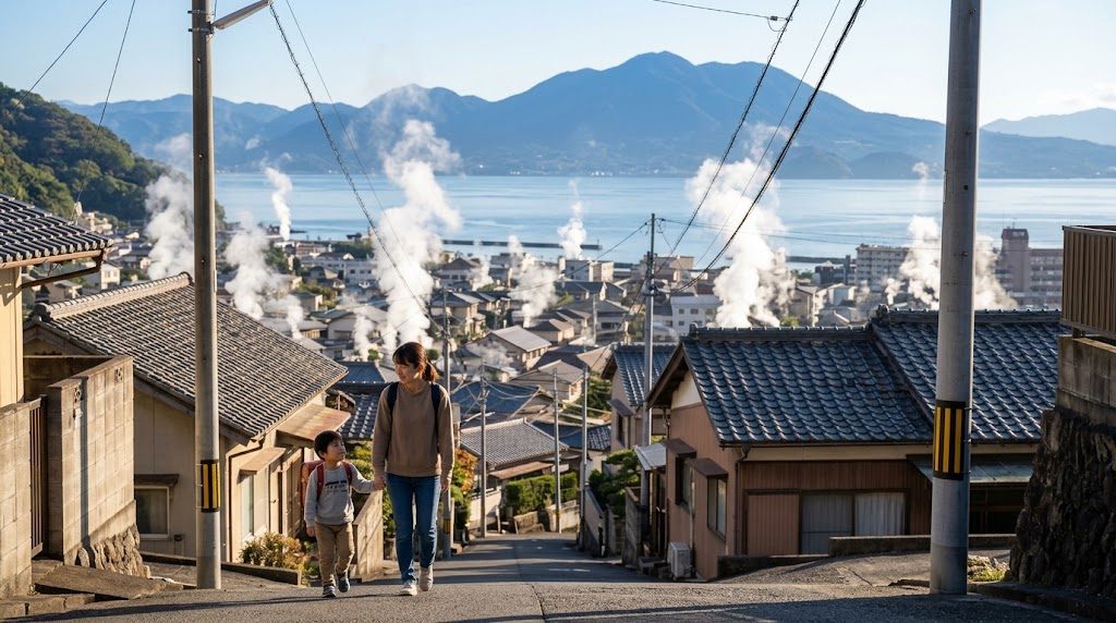 湯けむりが立ちのぼる別府の坂道を、通学かばんを背負った子どもと母親が手をつないで歩く朝の風景