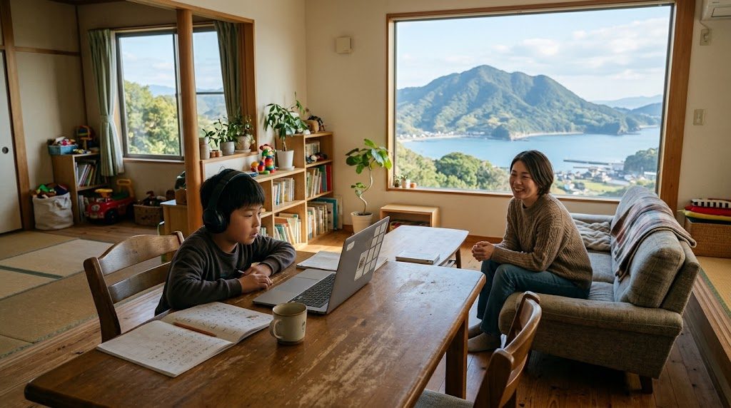 山並みと海が見える大分の自宅リビングで、子どもがノートパソコンでオンライン授業を受け、そばで母親が穏やかに見守る様子