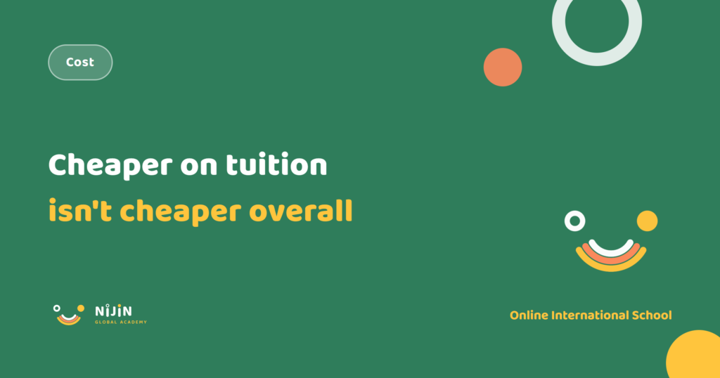 Key visual for the online vs in-person international school cost comparison, with the label Cost and the phrase cheaper on tuition isn't cheaper overall