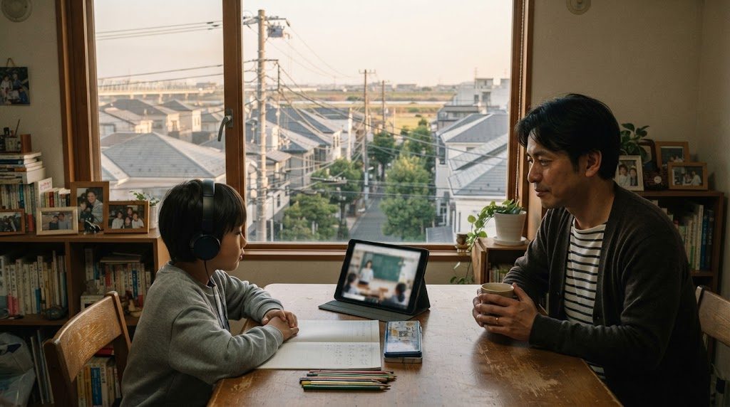 大田区の自宅マンションで、子どもがタブレットでオンライン授業を受けるそばで親が穏やかに見守る様子