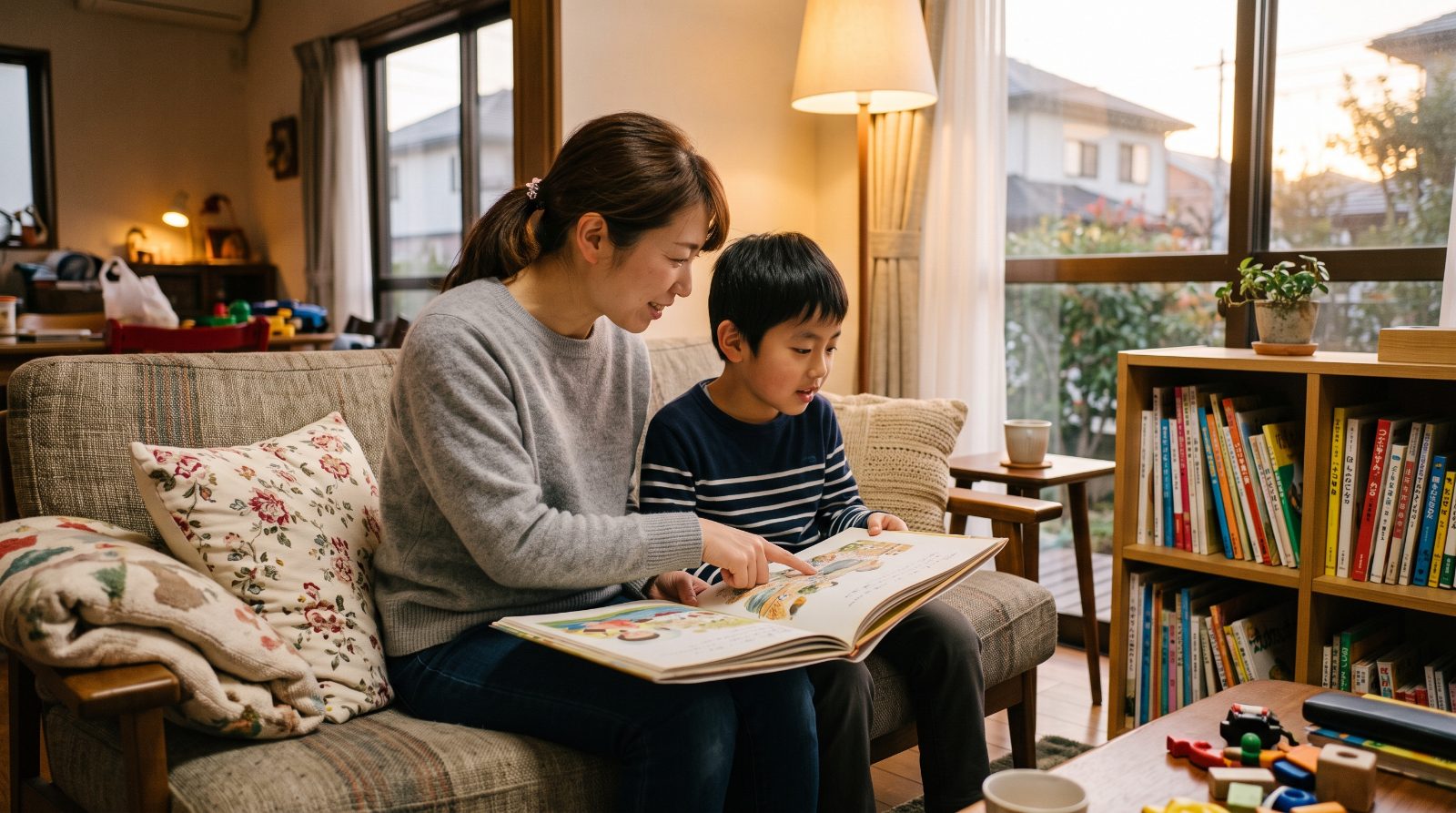 夕方のリビングで日本の母親と小学生の子どもが英語の本を一緒にのぞき込みながら話している温かい情景