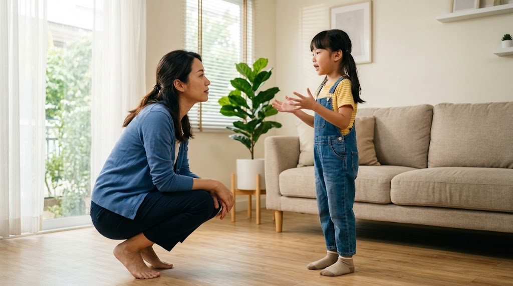 A parent listening at eye level to a child talking in a living room at home