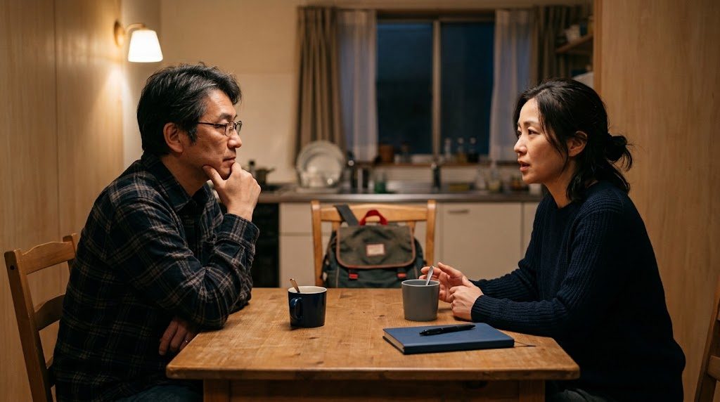 Two parents sitting at a kitchen table in the evening, talking quietly about their child's schooling