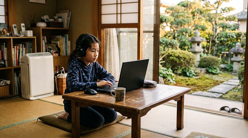 地方の自宅のリビングでノートパソコンに向かい、オンラインの授業に参加する小学生