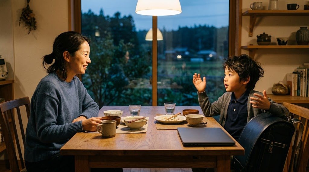 夕方のダイニングテーブルで、その日学んだことを親子で話している様子