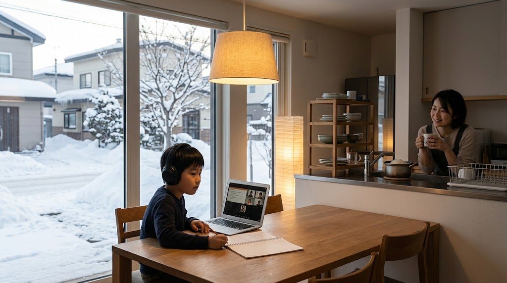A child attending an online class at a dining table in a Sapporo home with snow visible through the window