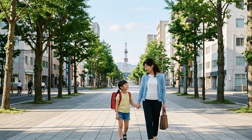 A parent and child walking to school along a wide tree-lined avenue in Sapporo on an early summer morning