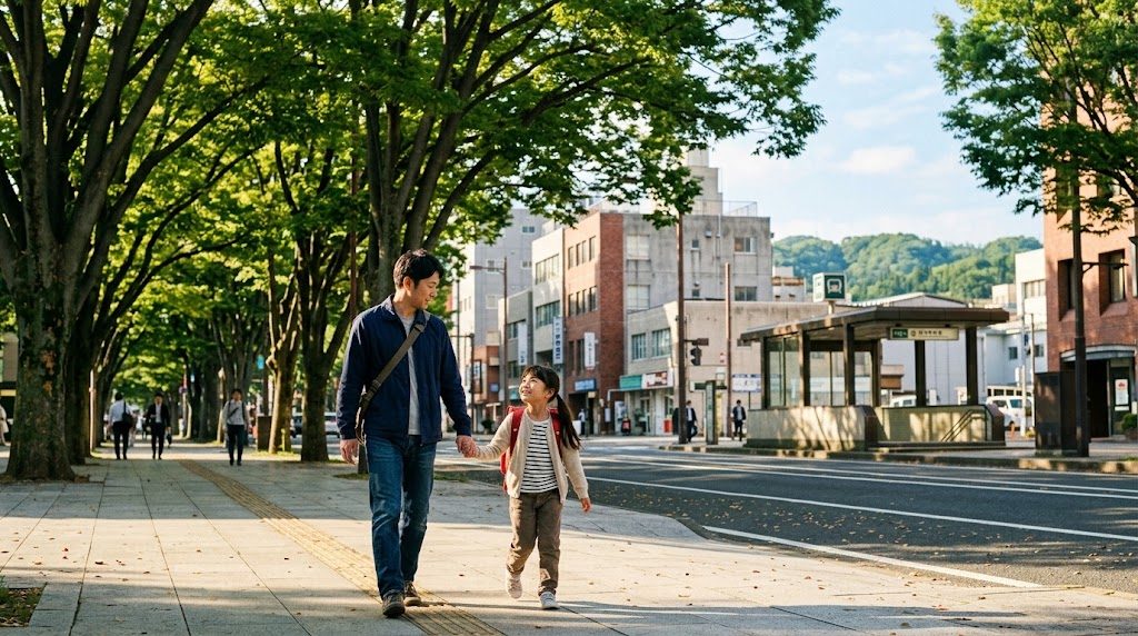 仙台の定禅寺通を思わせるケヤキ並木の朝の歩道を、通学かばんを持った子どもと保護者が並んで歩く様子