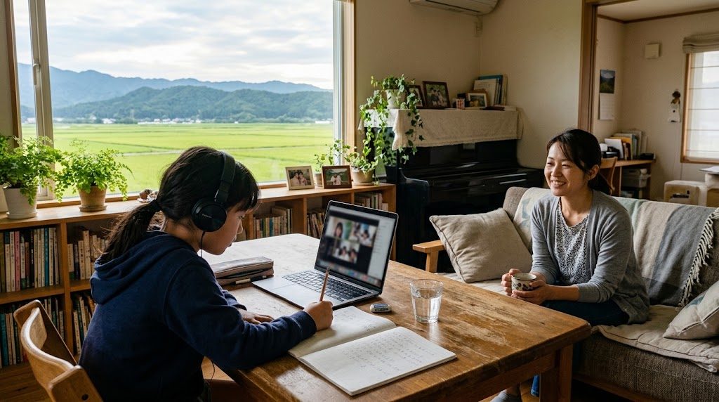 出雲平野の田んぼと山並みが見える自宅リビングで、子どもがノートパソコンでオンライン授業を受け、そばで母親が穏やかに見守る様子