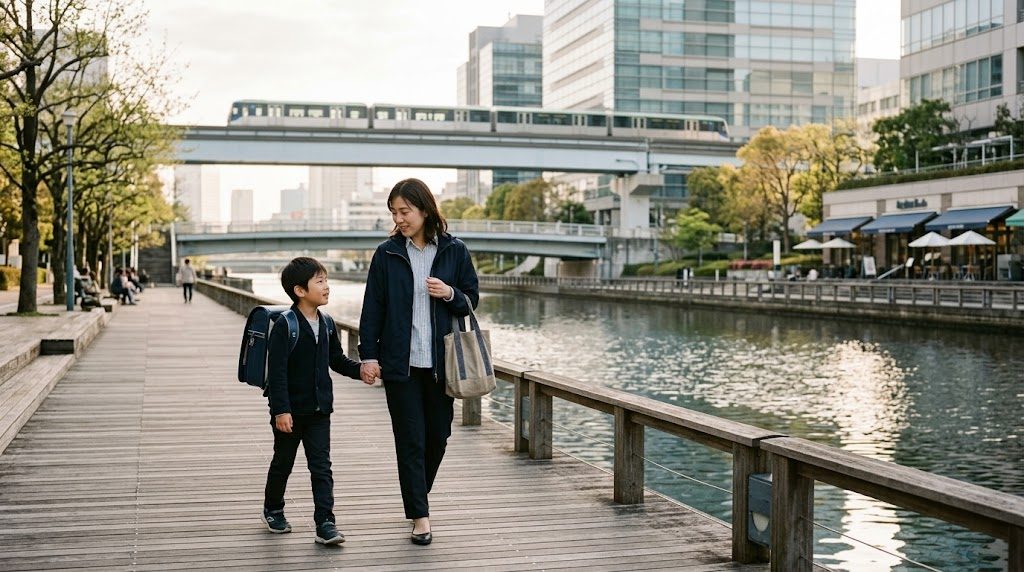 朝の品川区・天王洲の運河沿いを、オフィスビルを背景に通学かばんを持った子どもと親が歩く様子