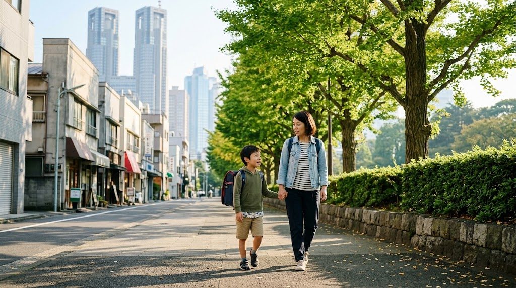 朝の新宿区・新宿御苑近くの並木道を、遠くに新宿の高層ビル群を望みながら通学かばんを持った子どもと親が歩く様子