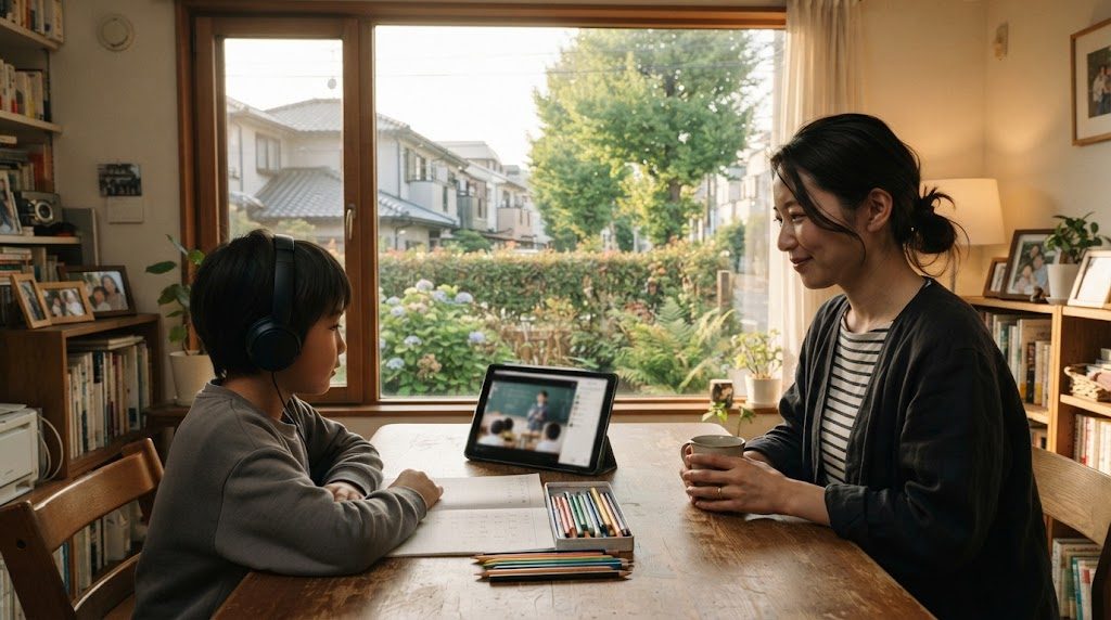 杉並区の緑の多い住宅街の自宅で、子どもがタブレットでオンライン授業を受けるそばで親が穏やかに見守る様子