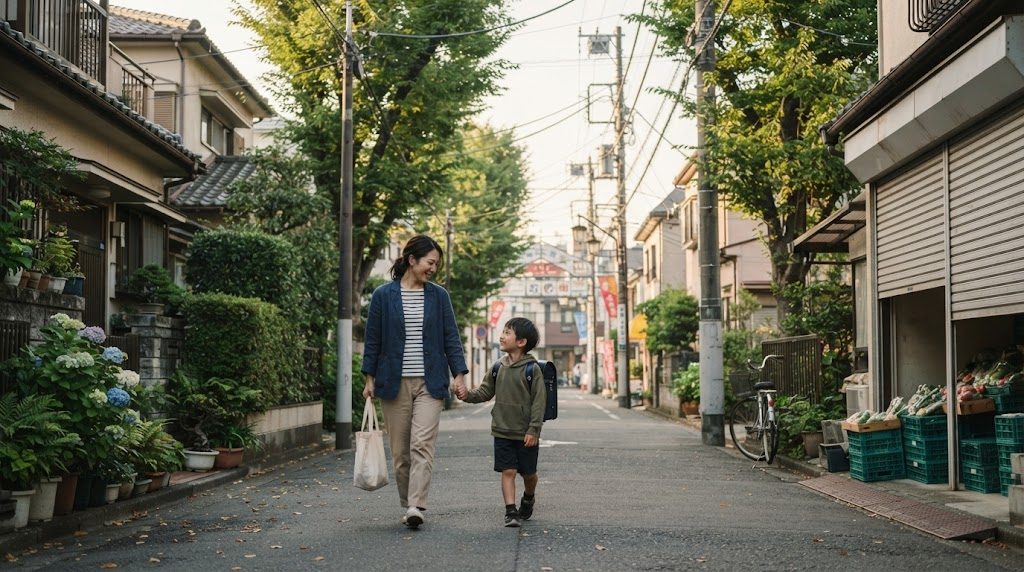 朝の杉並区・荻窪の住宅街の道を、通学かばんを持った子どもと親が並んで歩く様子