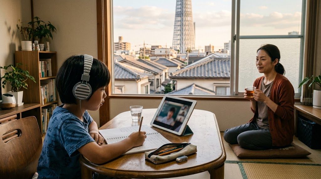 墨田区の自宅のダイニングテーブルで、子どもがタブレットのオンライン授業を受け、そばで母親が静かに見守っている様子