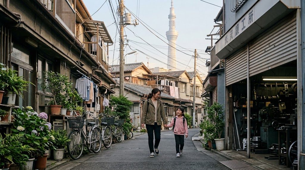 朝の墨田区・東京スカイツリーが見える下町の路地を、通学かばんを背負った子どもと母親が並んで歩く様子