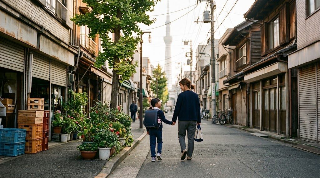 朝の台東区・かっぱ橋から浅草にかけての下町の通りを、通学かばんを背負った子どもと親が並んで歩く様子