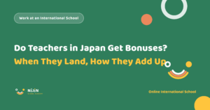 Key visual for a recruitment article titled Do Teachers in Japan Get Bonuses? When They Land and How They Are Calculated
