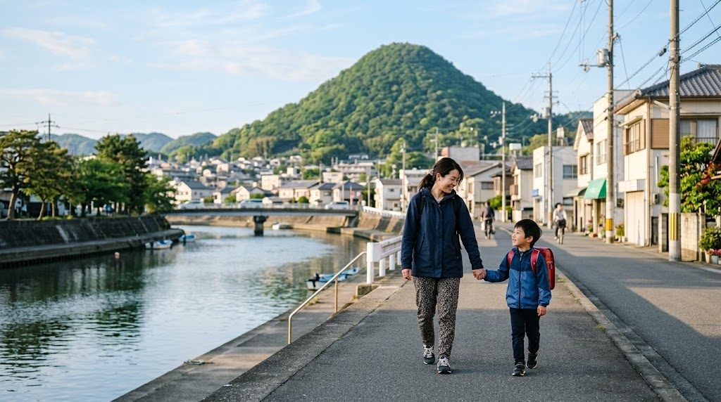 眉山を望む徳島市の朝の通学路を、通学かばんを背負った子どもと母親が手をつないで歩く風景