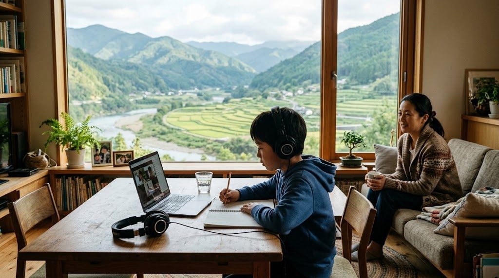 吉野川と山並みが見える徳島の自宅リビングで、子どもがノートパソコンでオンライン授業を受け、そばで母親が穏やかに見守る様子