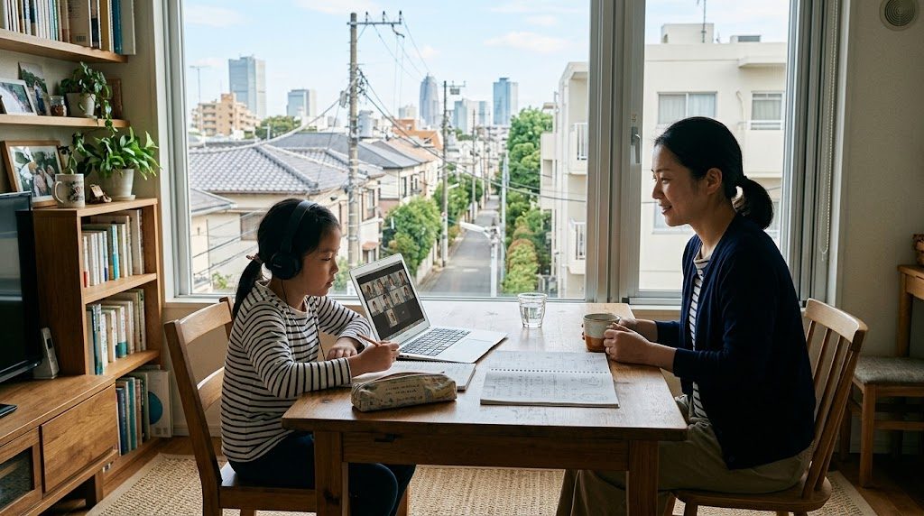 自宅のリビングでノートパソコンに向かいオンライン授業に参加する子どもと、隣で見守る保護者