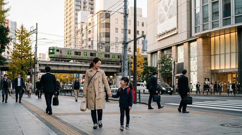 朝の池袋の街並みを背景に、通学かばんを持った子どもと親が並んで歩く豊島区の通学風景
