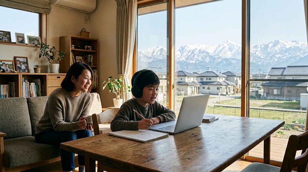 立山連峰が見える富山の自宅リビングで、子どもがノートパソコンでオンライン授業を受け、そばで母親が穏やかに見守る様子