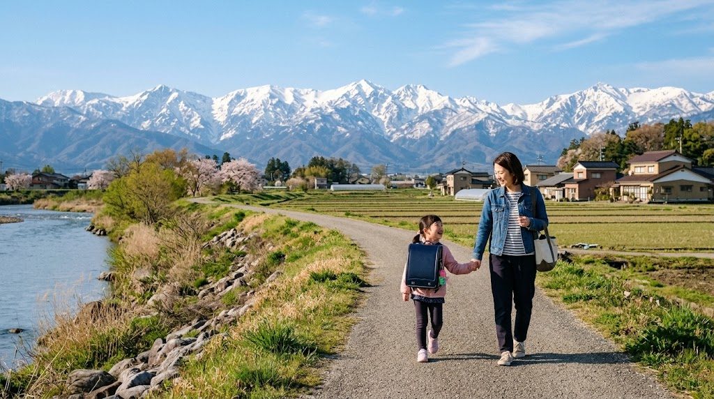 立山連峰を望む富山の川沿いの道を、通学かばんを背負った子どもと母親が手をつないで歩く春の朝の風景