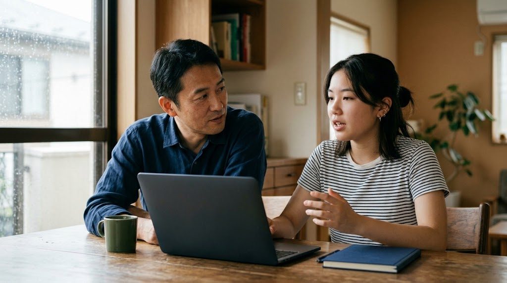 A parent and a teenage child sitting at a dining table at home, looking together at an open laptop and talking