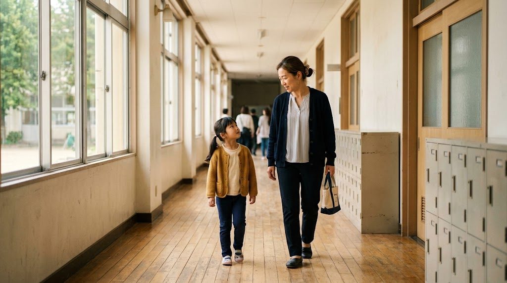 A parent and a primary-school-aged child walking side by side along a bright school corridor during a campus visit