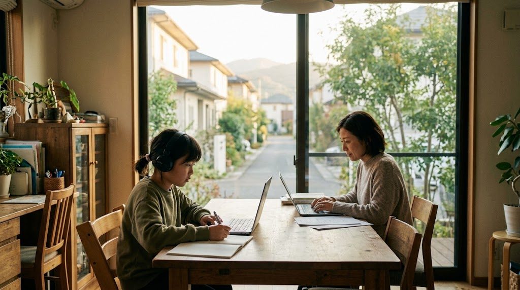 A child attending an online class at a dining table at home in Tsukuba while a parent works nearby