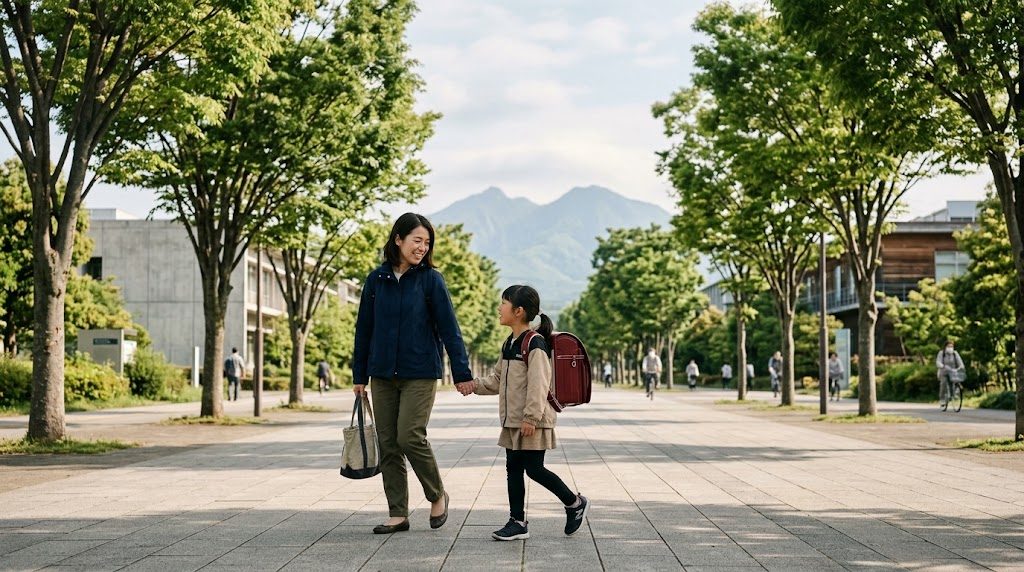 A parent and child walking to school on a quiet Tsukuba street in the morning with Mount Tsukuba visible in the distance
