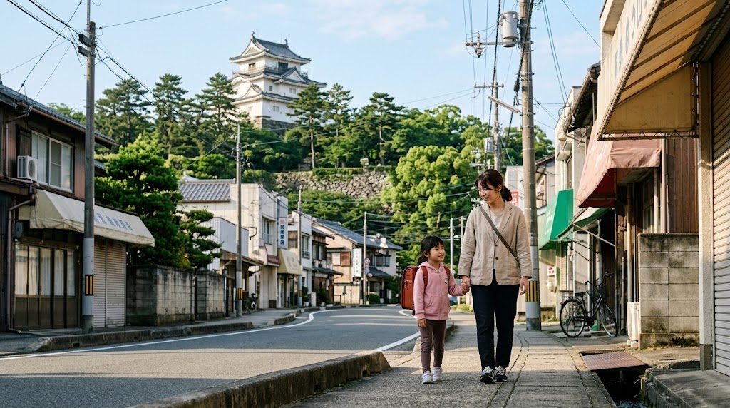 和歌山城の天守閣を望む街並みを、通学かばんを背負った子どもと母親が手をつないで歩く朝の風景