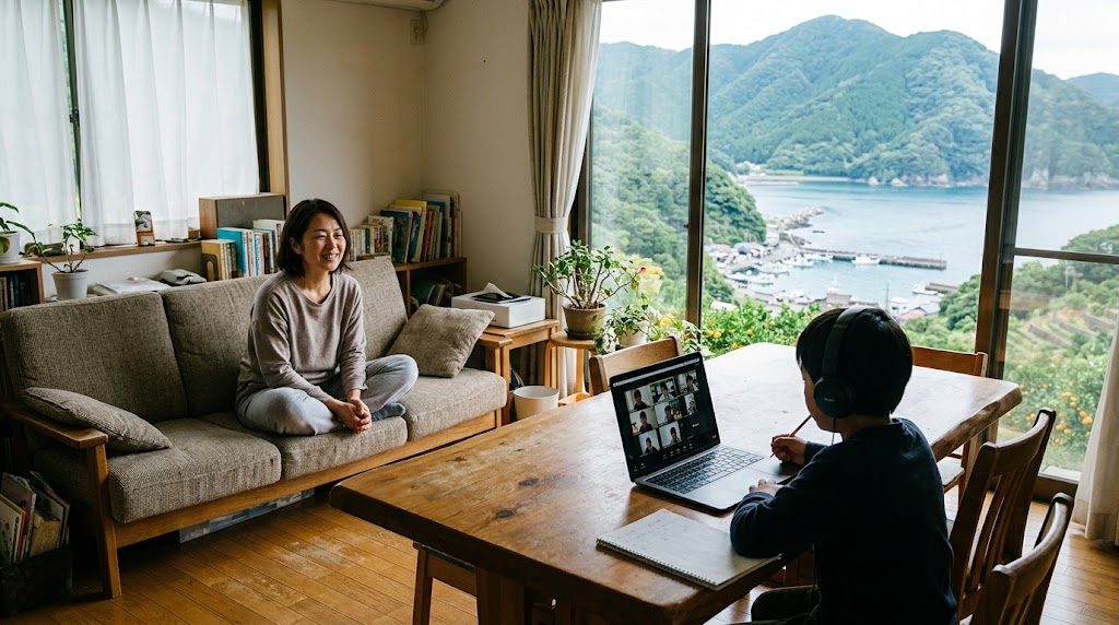 和歌山の自宅リビングで、子どもがノートパソコンでオンライン授業を受け、そばで母親が穏やかに見守る様子。窓の外には海と山が見える