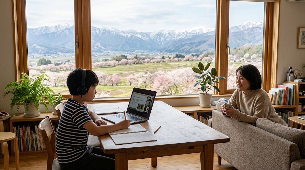 蔵王の山並みが見える山形の自宅リビングで、子どもがノートパソコンでオンライン授業を受け、そばで母親が穏やかに見守る様子