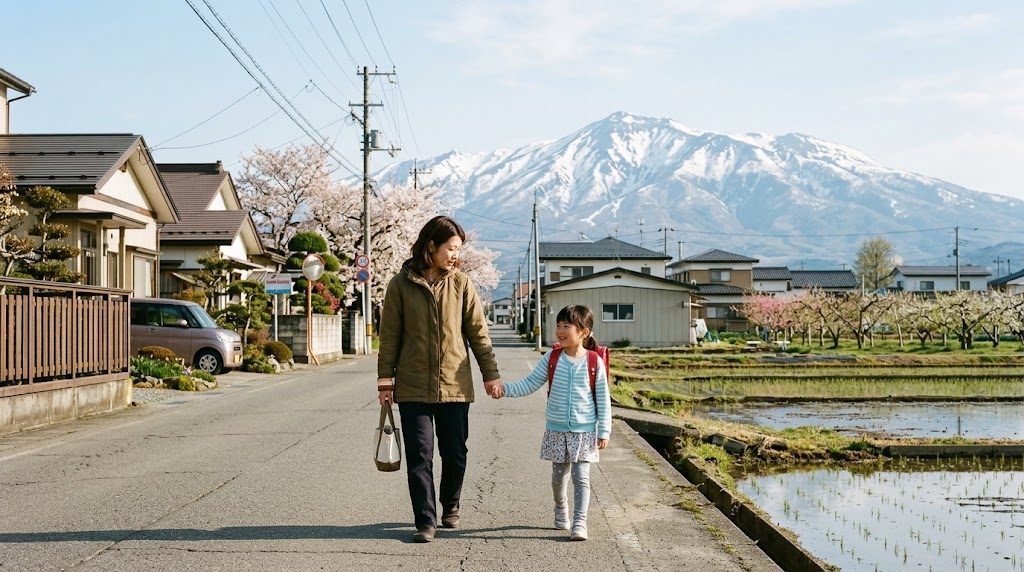 残雪の蔵王連峰を望む山形の通学路を、ランドセルを背負った子どもと母親が手をつないで歩く春の朝の風景