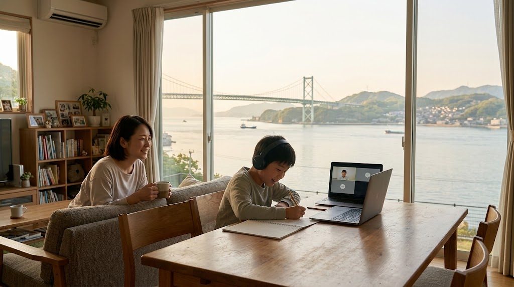 海と橋が見える山口県の自宅リビングで、子どもがノートパソコンでオンライン授業を受け、そばで母親が穏やかに見守る様子