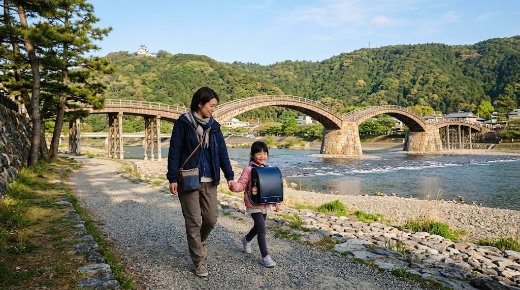 錦帯橋を望む川沿いの道を、通学かばんを背負った子どもと母親が手をつないで歩く朝の風景