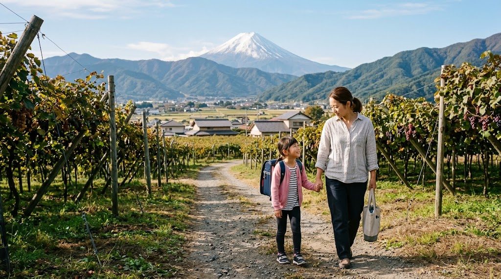 富士山と甲府盆地のぶどう畑を望む道を、通学かばんを背負った子どもと母親が手をつないで歩く朝の風景