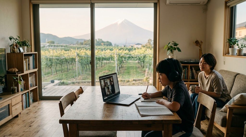 富士山とぶどう畑が見える山梨の自宅リビングで、子どもがノートパソコンでオンライン授業を受け、そばで母親が穏やかに見守る様子