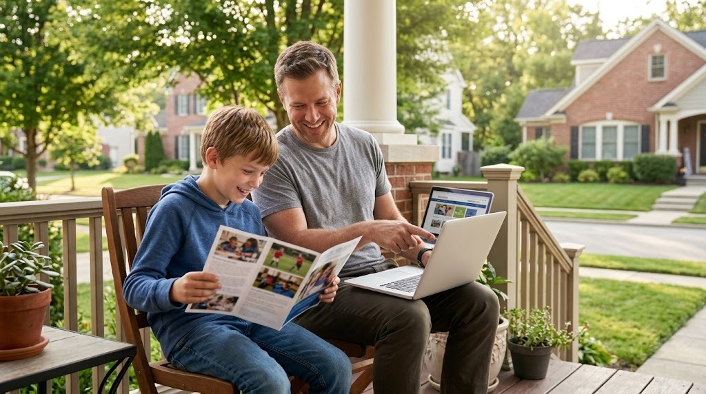 A father and his son on a suburban front porch, looking at a school brochure and a laptop together