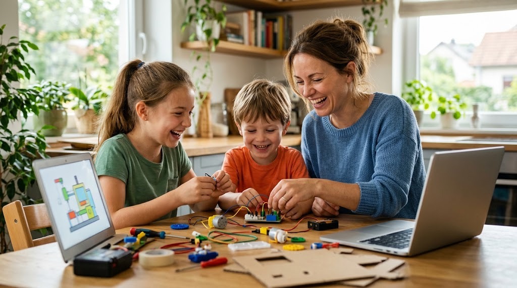 A mother and two children laughing as they build a hands-on science project at a home table with a laptop nearby