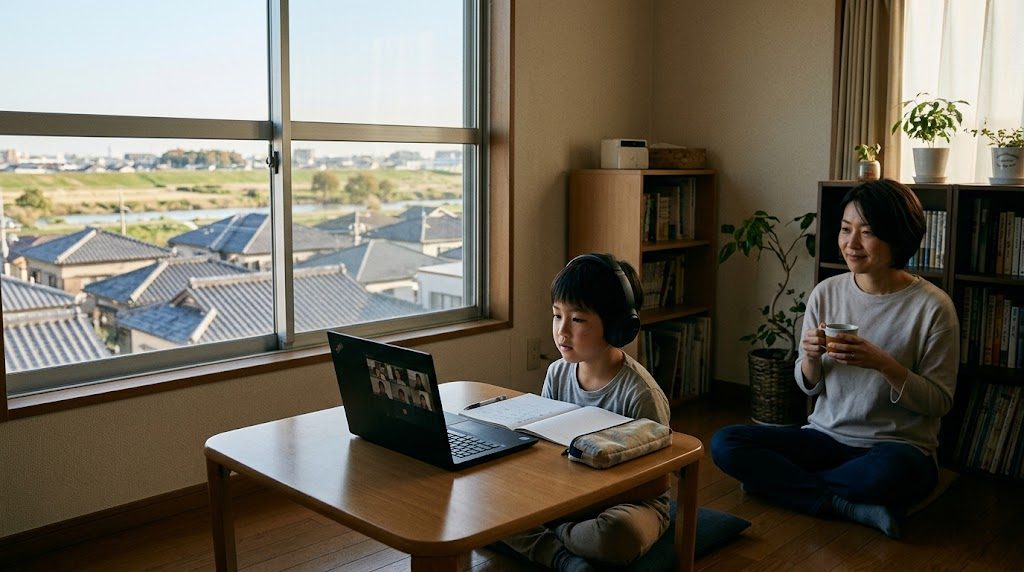 足立区の自宅のダイニングテーブルで、子どもがタブレットのオンライン授業を受け、そばで親が静かに見守っている様子