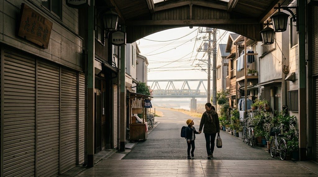 朝の足立区・北千住の商店街から住宅街へ続く道を、通学かばんを背負った子どもと母親が並んで歩く様子