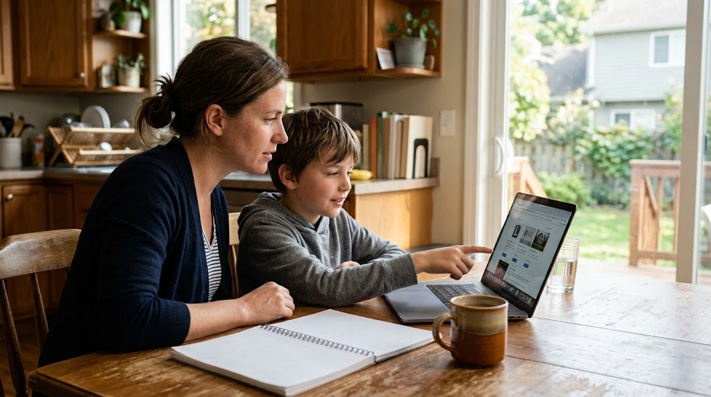 A mother and her son at a sunny kitchen table looking at a laptop while comparing school options