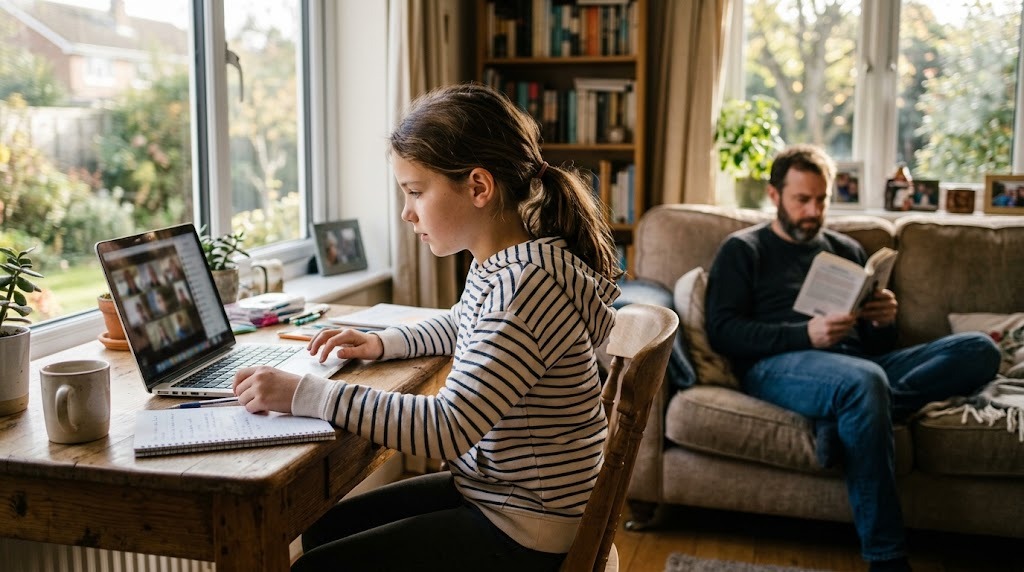 A girl in a live online class on a laptop in the living room while her father reads on the sofa nearby